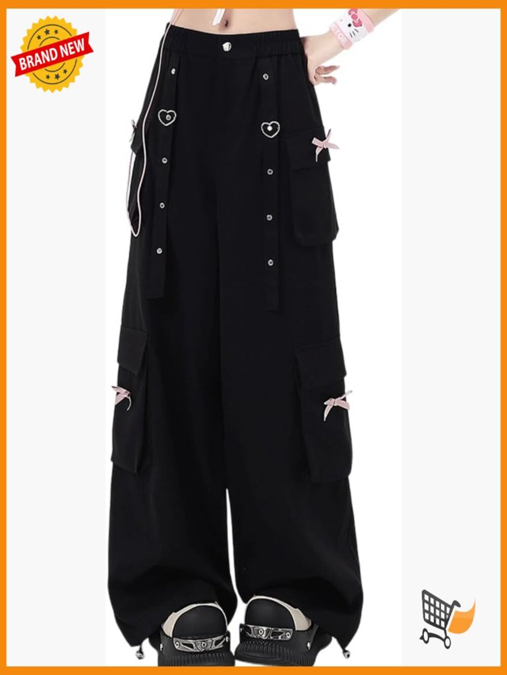 High Waist Wide Leg Cargo Pants with Bows and Rivet Decor